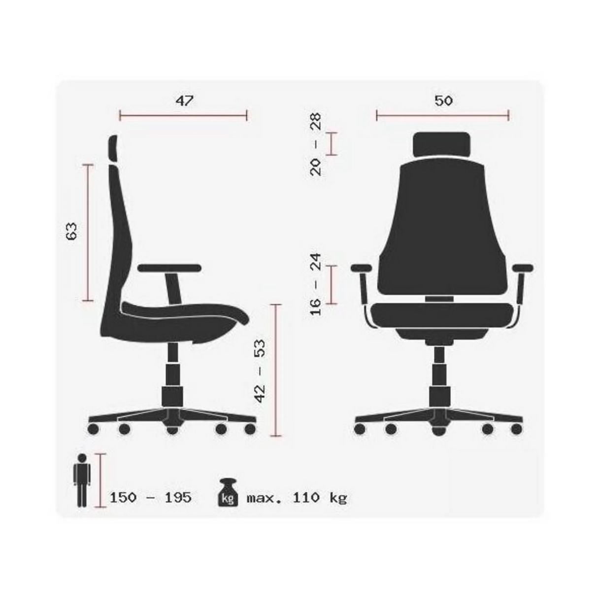 Technische tekening van de Professionele bureaustoel HEAD POINT RS met een maximale belasting van 110 kg van Topstar