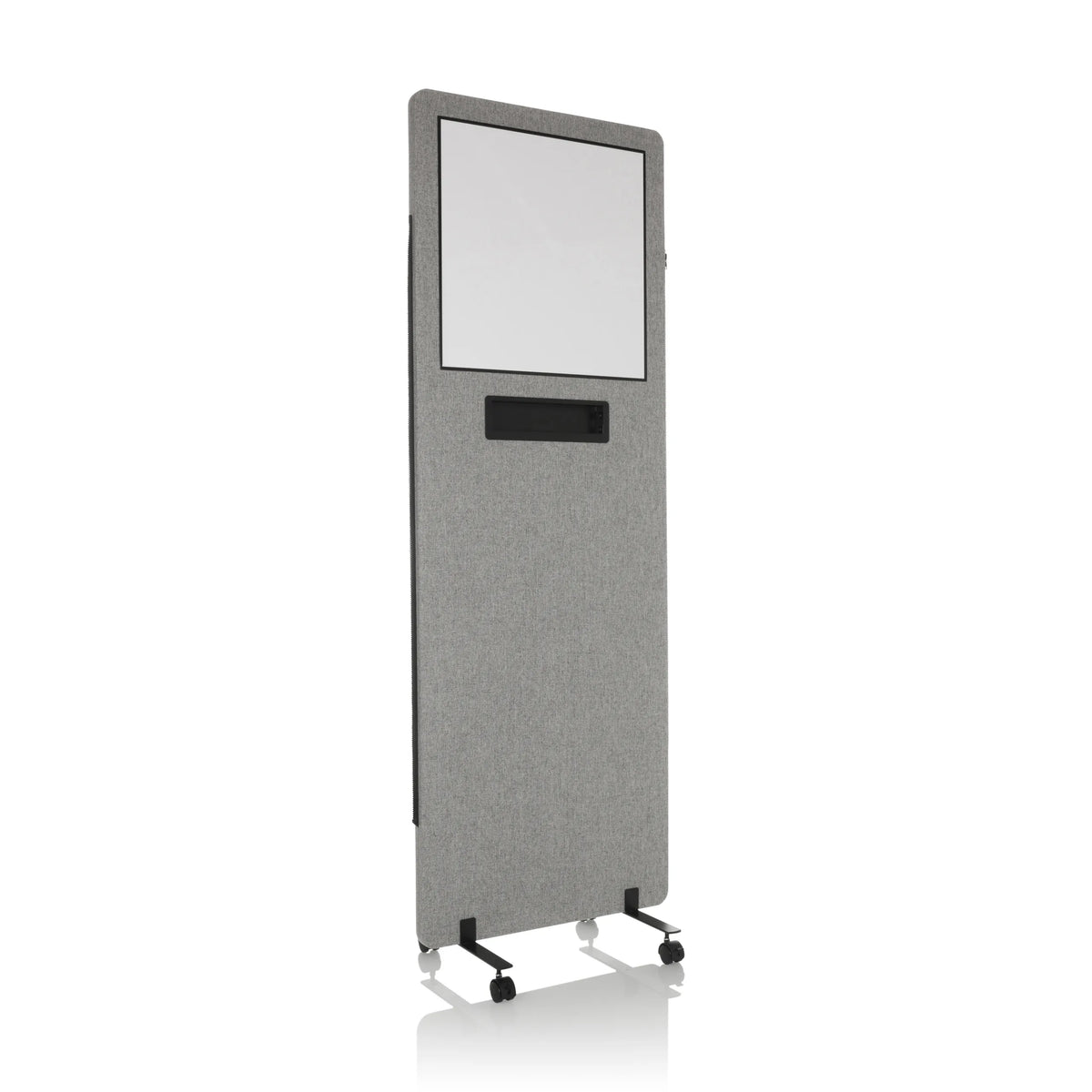 Lichtgrijze Scheidingswand FLEXMIUT WB met geïntegreerd whiteboard en zwenkwielen van hjh OFFICE – 360-gradenweergave (schuin vooraanzicht 30°)