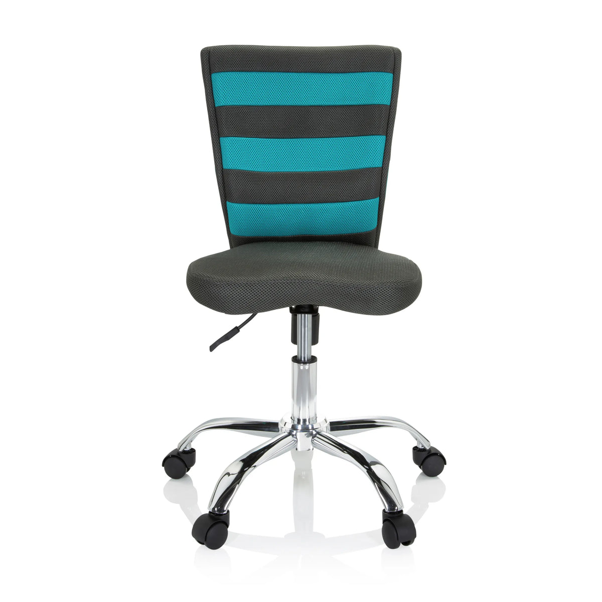 Grijze KIDDY COMFORT I kinder bureaustoel met turquoise strepen in de netrugleuning en een vijfsterrenvoet met wieltjes van hjh OFFICE – 360-gradenweergave (vooraanzicht 0°)