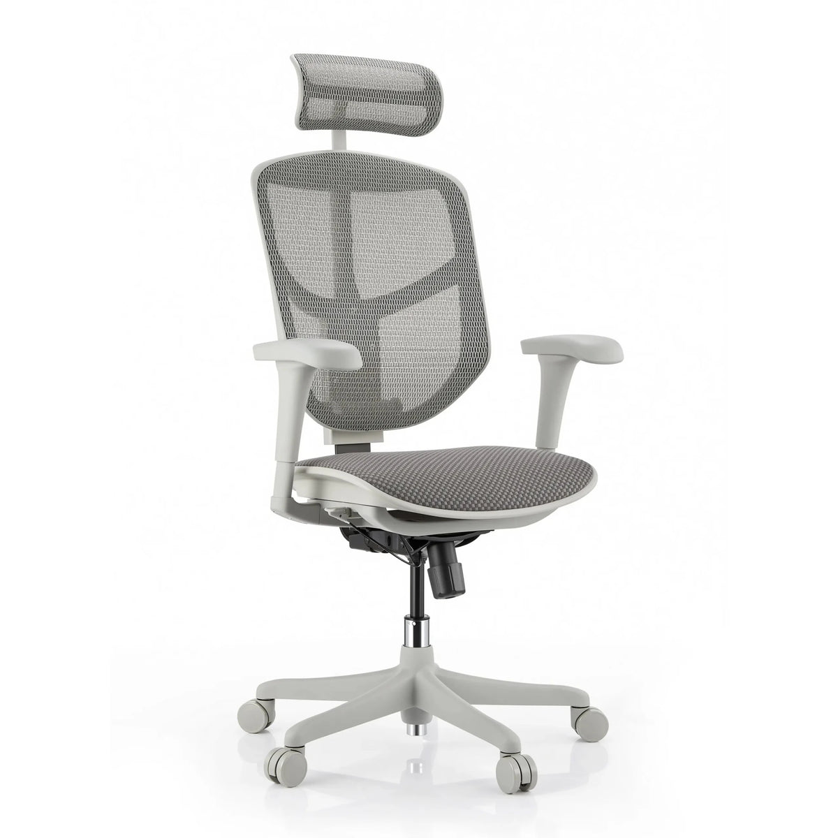 Kantoorstoel Enjoy Eco FG in grijs met mesh-bekleding, hoofdsteun en armleuningen van hjh OFFICE