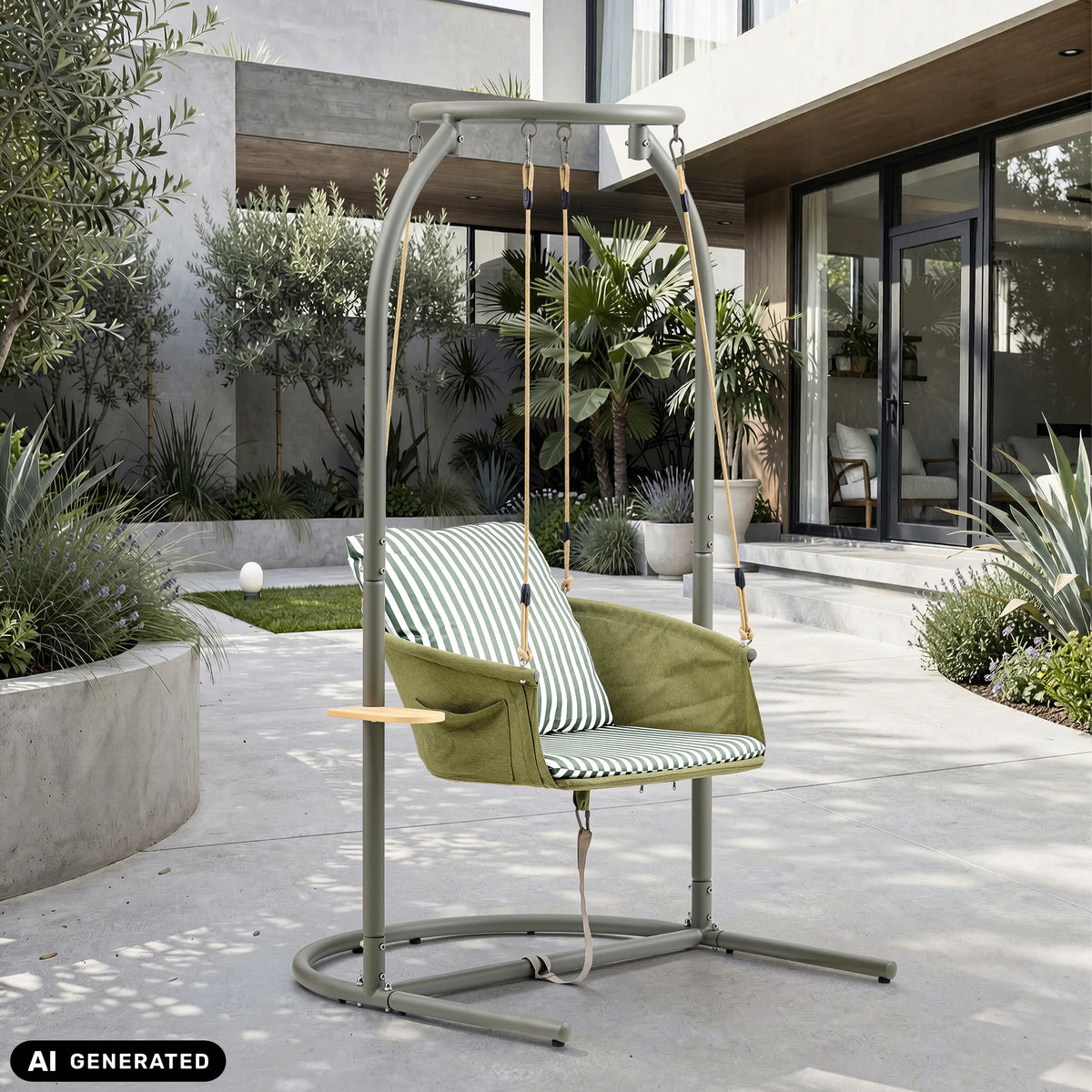 Skylo hangstoel in groen en beige met gestreepte bekleding en metalen frame van hjh LIVING (AI-gegenereerde afbeelding)