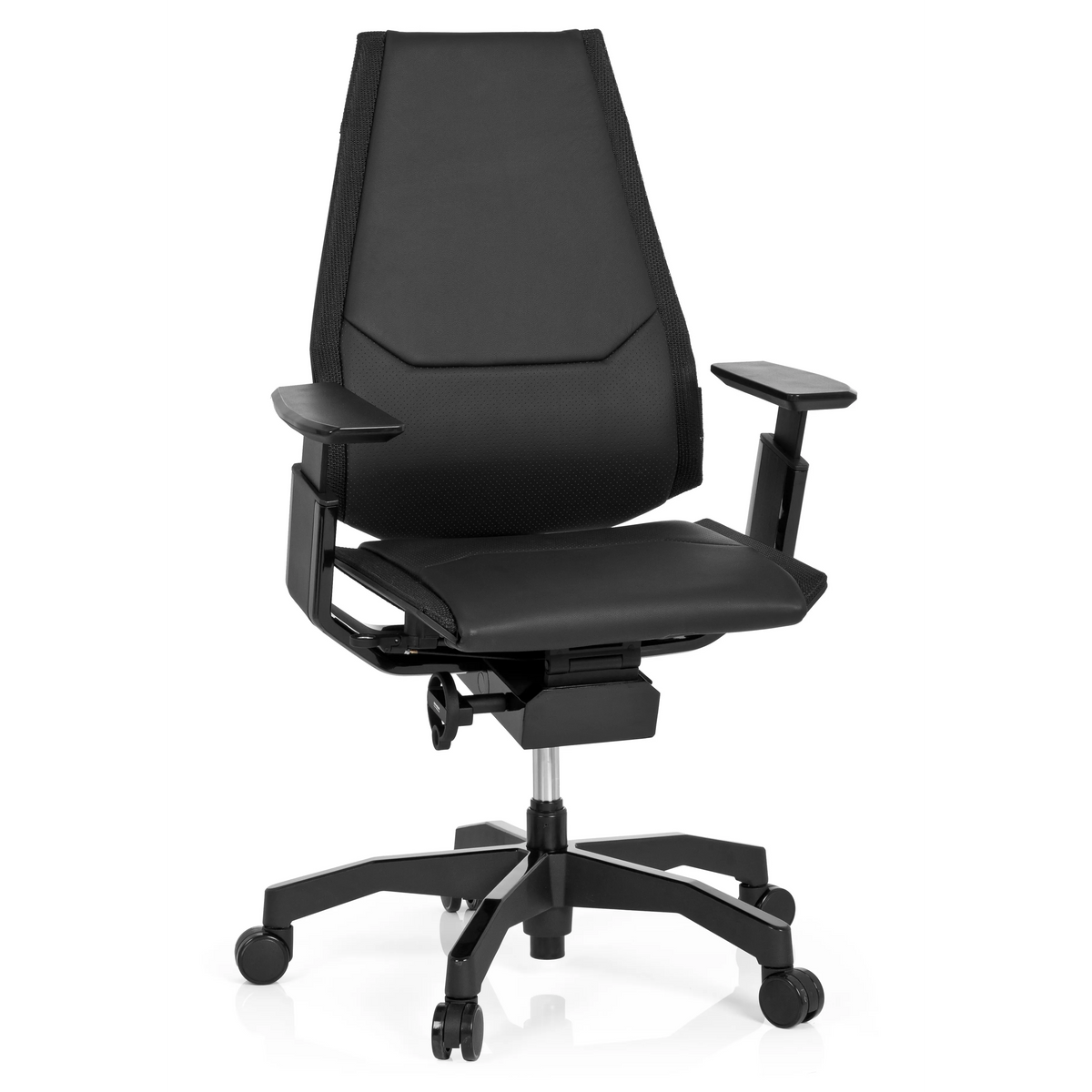 Zwarte High end bureaustoel GENIDIA BLACK van leder met armleuningen en vijfstervoet met wielen van hjh OFFICE – 360-gradenweergave (vooraanzicht 20°)