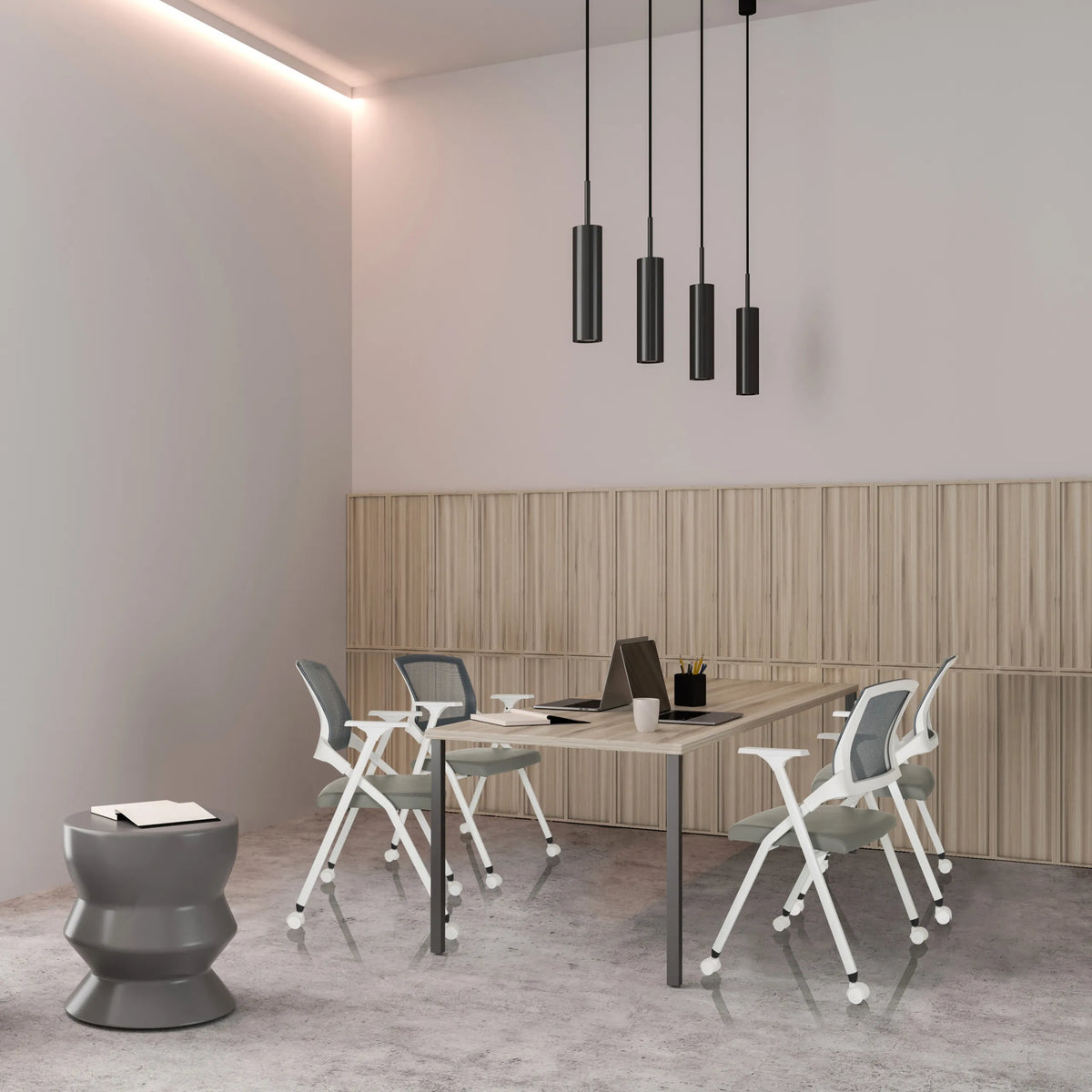 Grijze PRIORITY II W PU klapstoelen aan een vergadertafel in een modern vormgegeven ruimte van hjh OFFICE