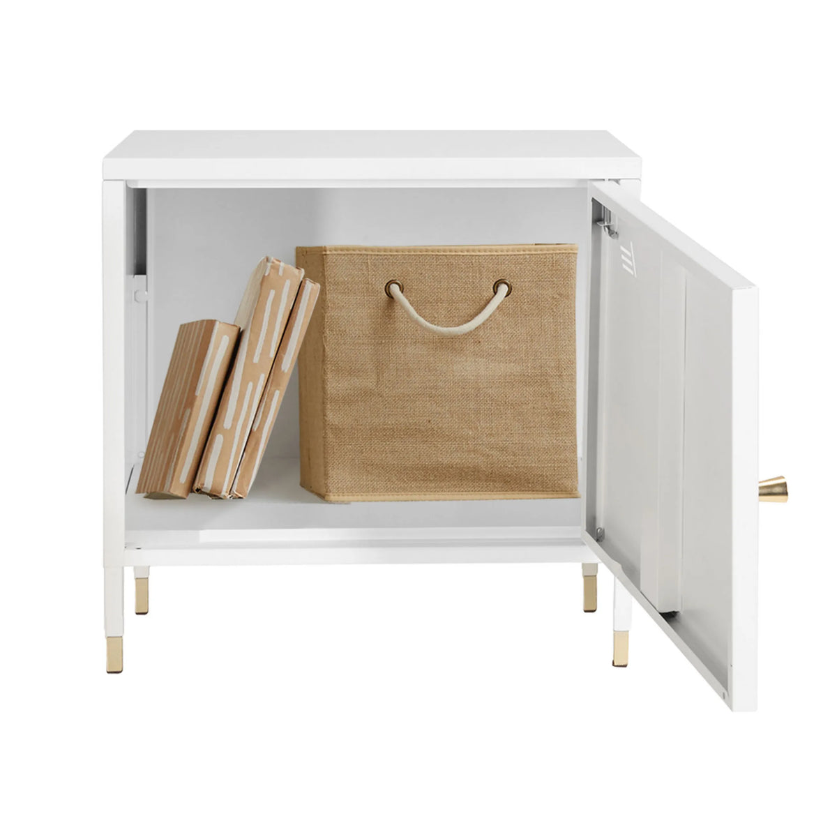 Open witte kantoorkast UMEO met opbergbox en goudkleurige poten van hjh OFFICE