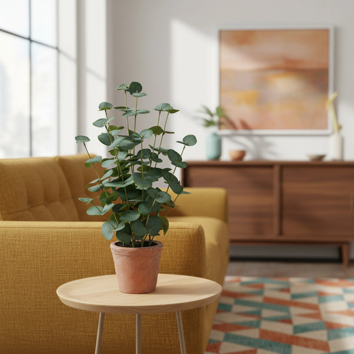 Groene Kunstplant Eucalyptus in een terracottakleurige pot op een bijzettafel van hjh OFFICE