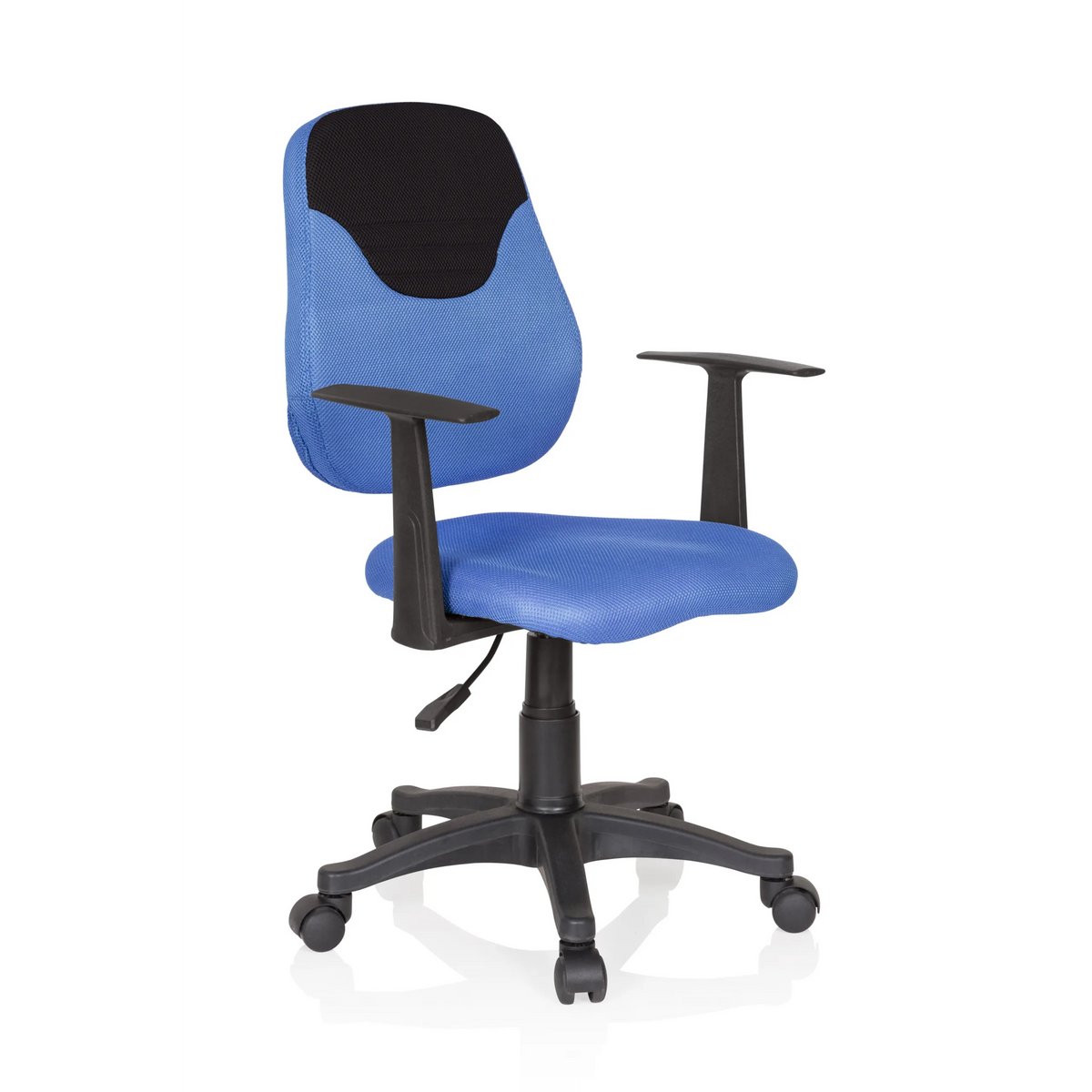 Blauwe Kinder bureaustoel KIDDY STYLE met netrugleuning, armleuningen en vijfpoot met wieltjes van hjh OFFICE – 360-gradenweergave (schuin vooraanzicht 40°)