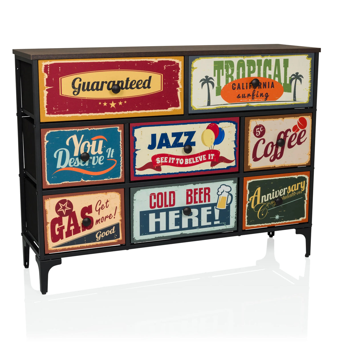 Commode AMERIKO B met zes kleurrijk bedrukte vintage lades en zwarte poten van hjh LIVING – 360-gradenweergave (vooraanzicht 15°)