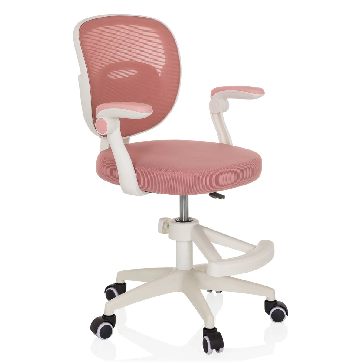 Roze Kinder bureaustoel KIDDY SMART met netrugleuning en vijfsterrenvoet met wielen van hjh OFFICE – 360-gradenweergave (schuin vooraanzicht 45°)