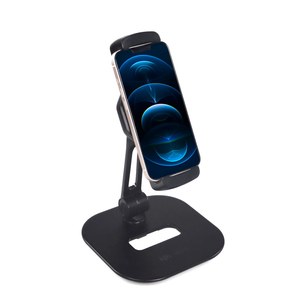 Zwarte Houder voor mobiele telefoon & tablet FLEXMOBI IV met voet en klem van hjh OFFICE – 360-gradenweergave (schuin vooraanzicht 60°)