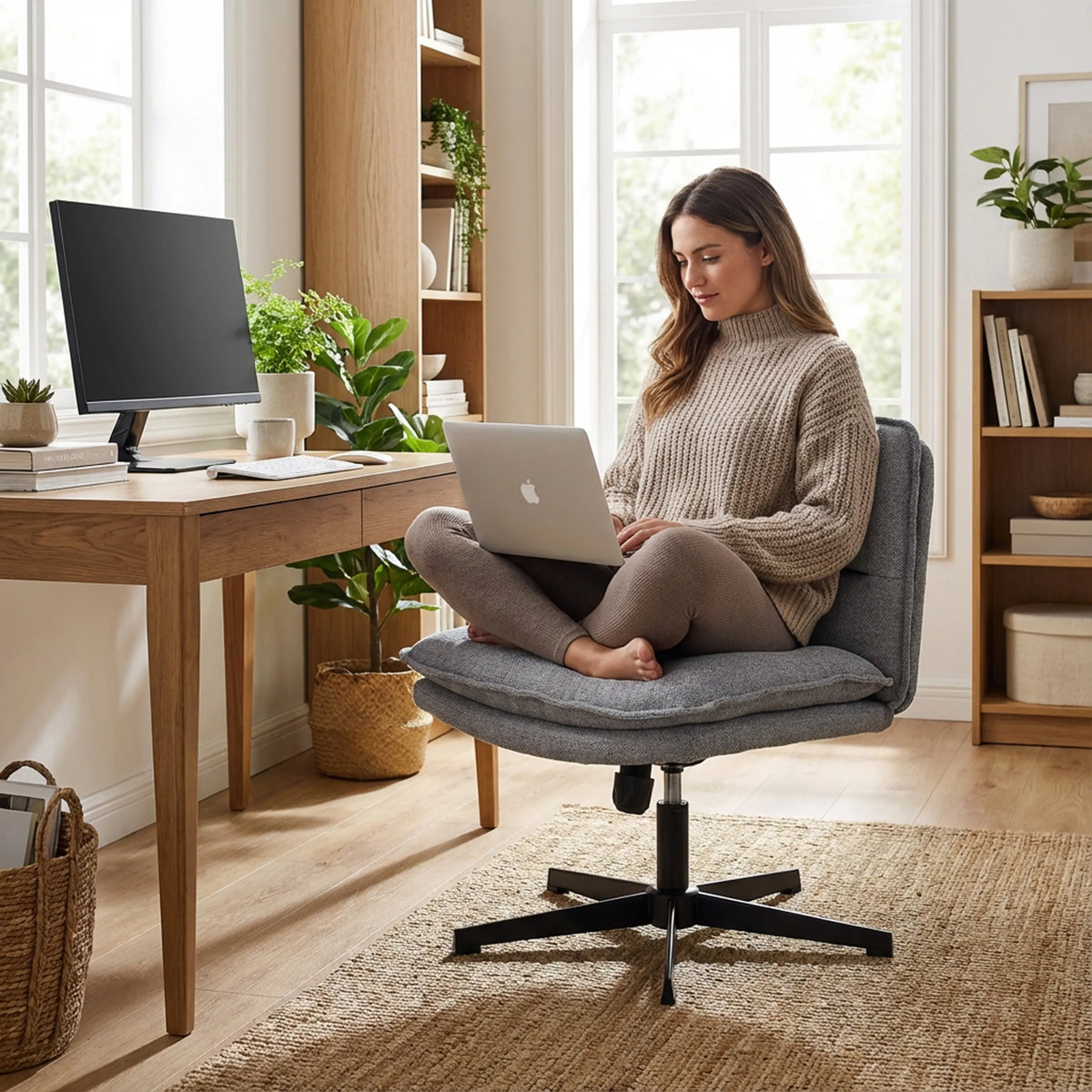 Donkergrijze Criss-Cross 20 loungestoel met stervormige voet in een lichte kamer met bureau van hjh LIVING