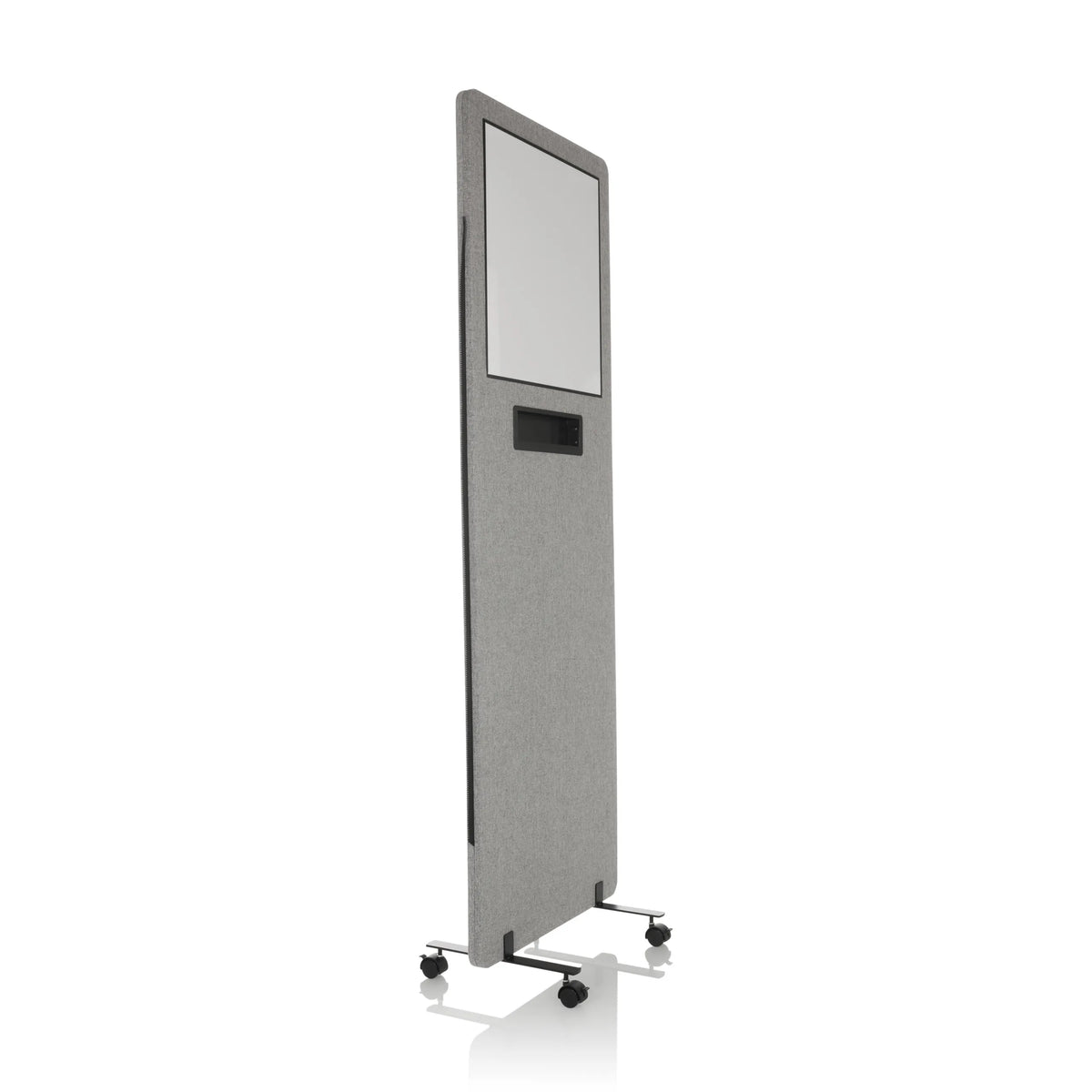 Lichtgrijze Scheidingswand FLEXMIUT WB met geïntegreerd whiteboard en zwenkwielen van hjh OFFICE – 360-gradenweergave (schuin vooraanzicht 60°)