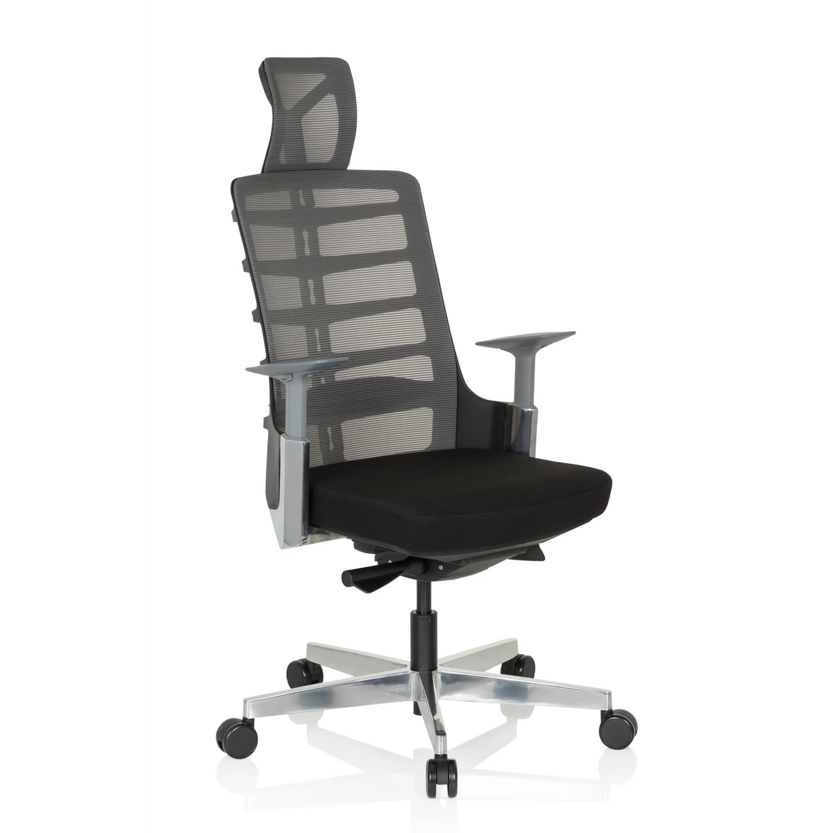 Zwart-grijze High end bureaustoel SKARIF met netrugleuning en vijfpoot met zwenkwielen van hjh OFFICE – 360-gradenweergave (schuin vooraanzicht 40°)