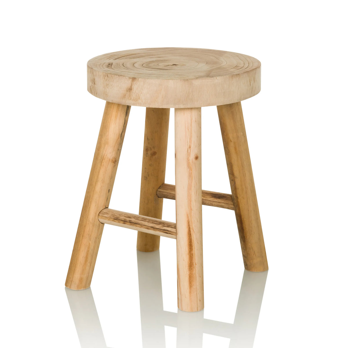 Brauner Sitzhocker RUSTIKO W aus Holz mit runder Sitzfläche und Querstreben von hjh LIVING – 360-Grad-Ansicht (schräge Frontansicht 30°)