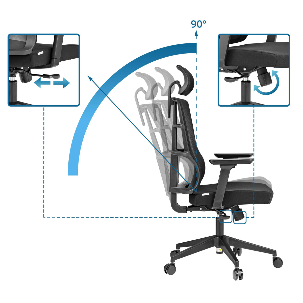 Verstelbare rugleuning met een kantelhoek van 90 graden van de Professionele bureaustoel SPINIO PRO van hjh OFFICE