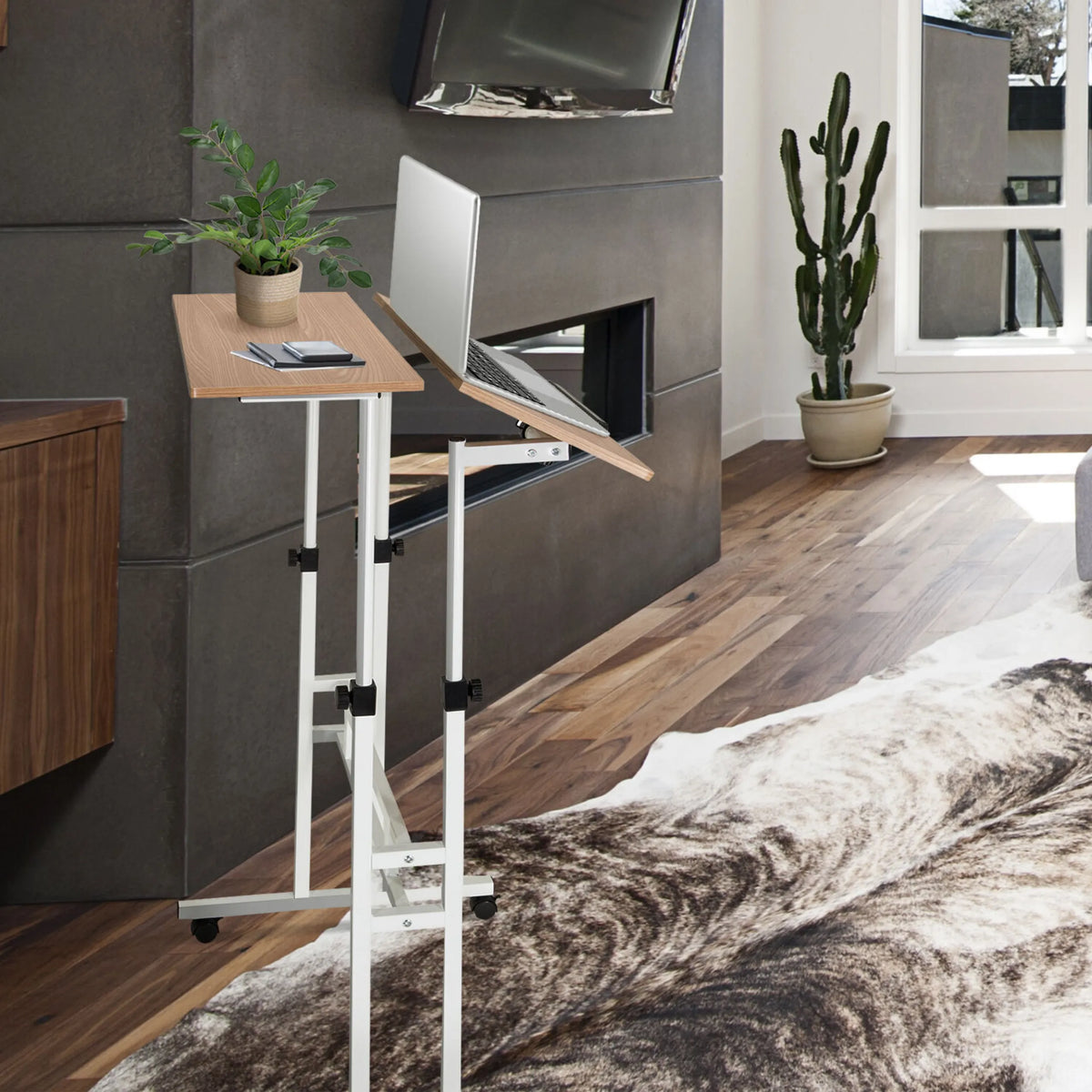 Zit-sta bureau WORKSTATION I in wit en eiken met laptophouder op wieltjes van hjh OFFICE