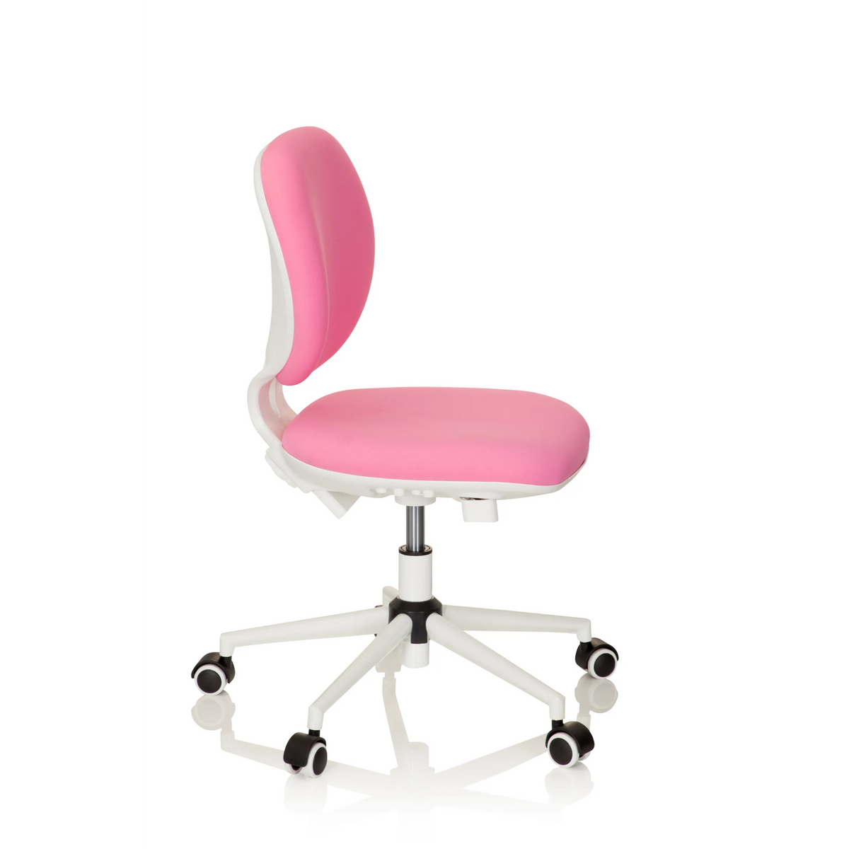 Roze Kinder bureaustoel KID VIVO met wit kruisvoet en vijf zwenkwielen van hjh OFFICE – 360-gradenweergave (zijaanzicht 80°)