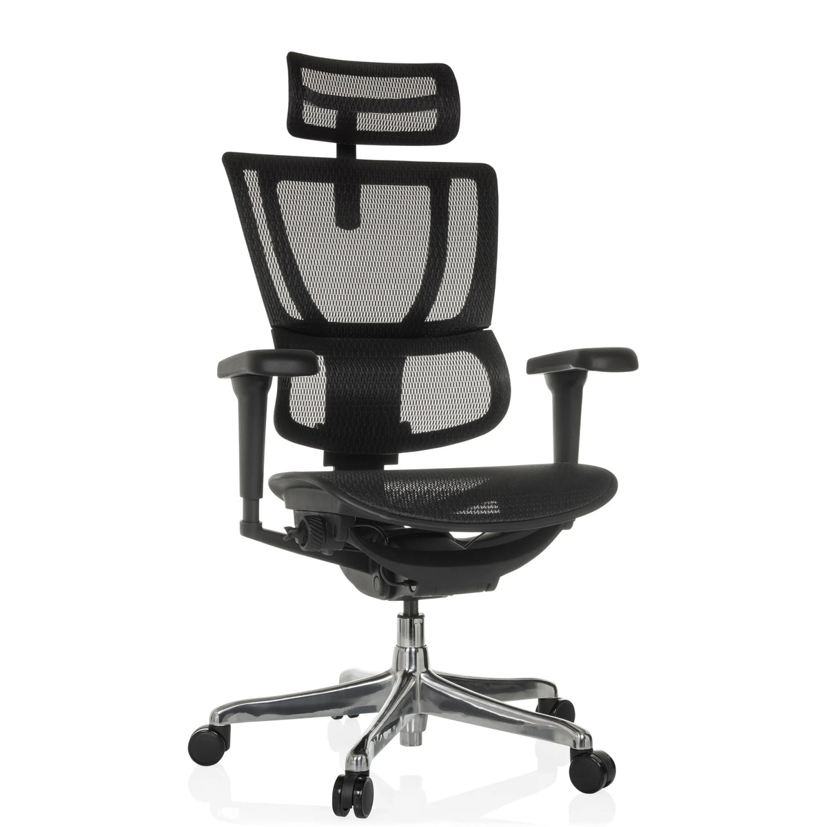 Zwarte Luxe directiestoel ERGOHUMAN SLIM ULTRA GEN2 met netrugleuning en vijfpoot met wieltjes van hjh OFFICE – 360-gradenweergave (vooraanzicht 15°)