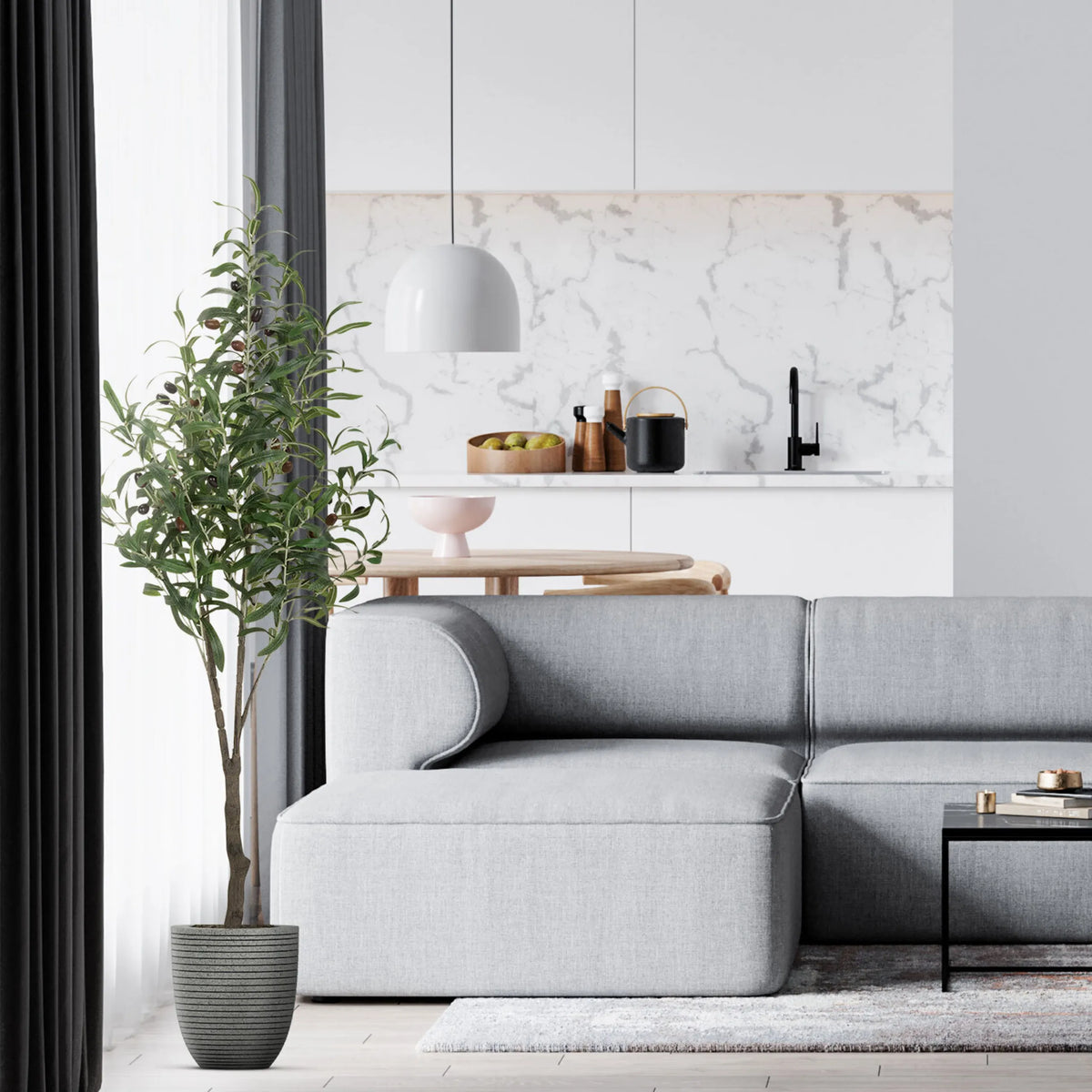 Groene kunstplant OLIVE in een grijze, geribbelde pot van hjh OFFICE