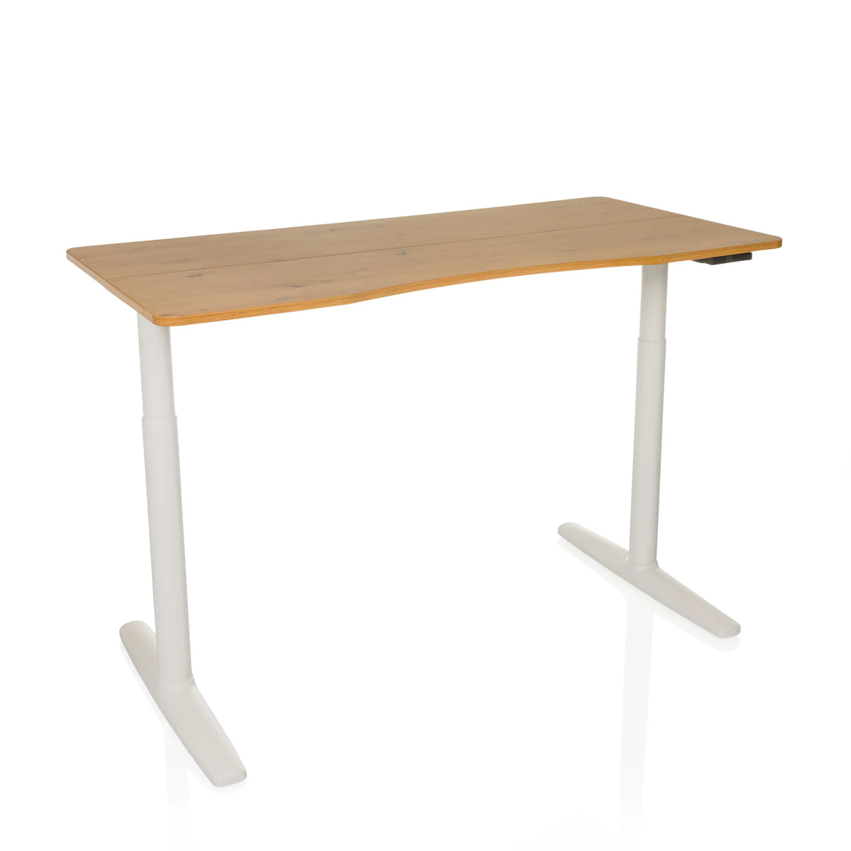 Elektrisch in hoogte verstelbaar bureau STAND PRO R in eiken met witte poten van hjh OFFICE – 360-gradenweergave (zijaanzicht 90°)