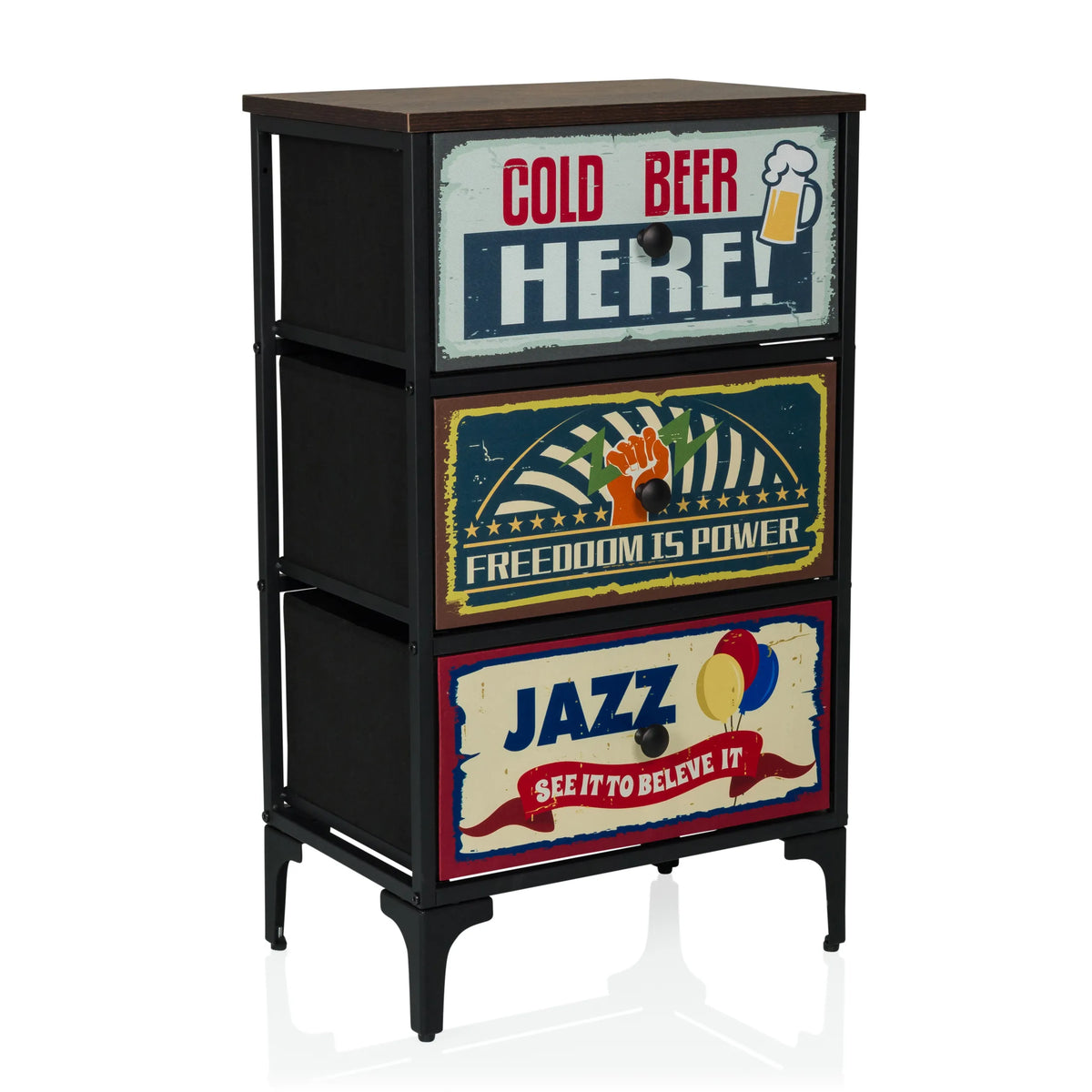Commode AMERIKO S met drie gedessineerde laden in vintage look en zwart frame van hjh LIVING – 360-gradenweergave (schuin vooraanzicht 30°)