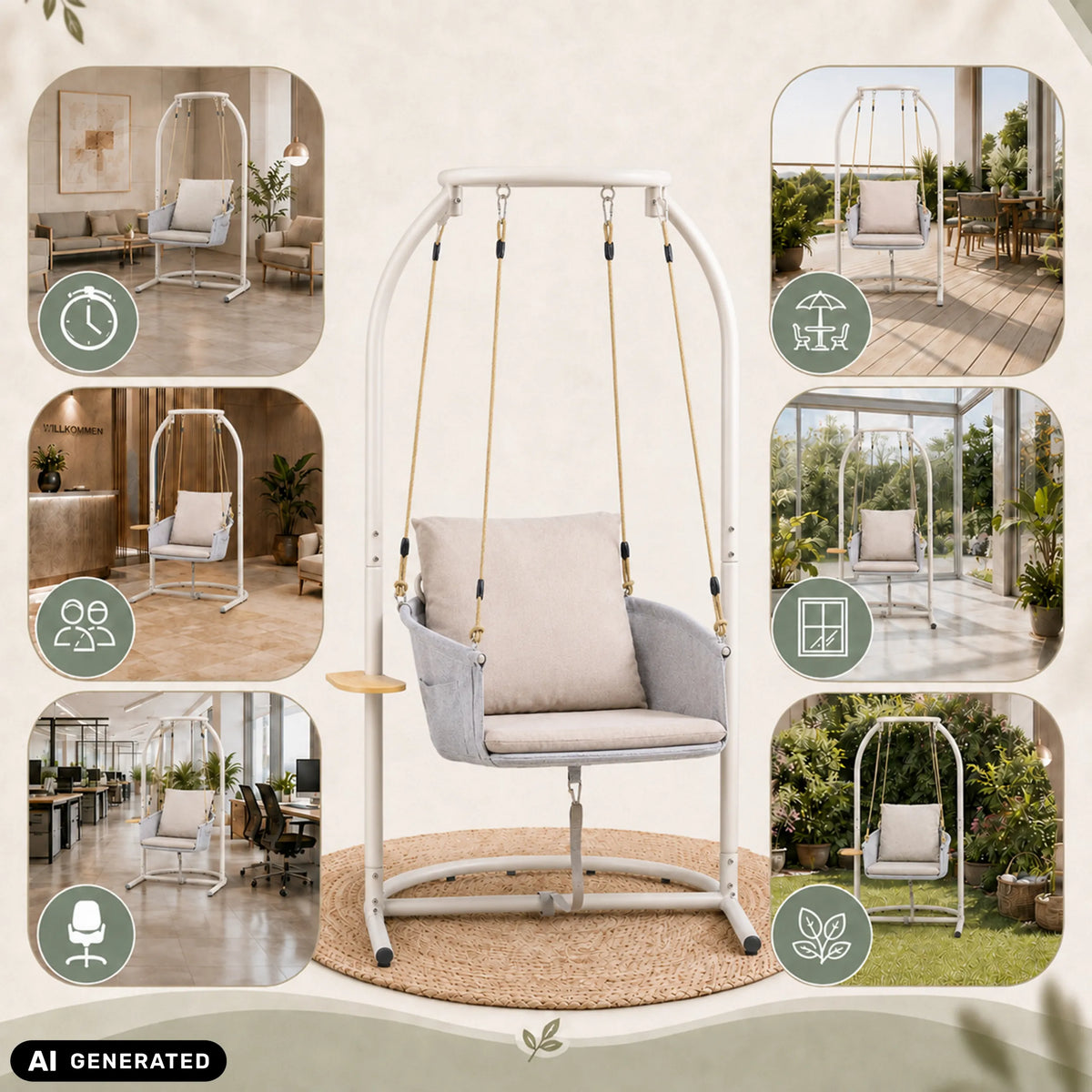 Beige Skylo hangstoel met wit frame en kussen in verschillende kameromgevingen van hjh LIVING (AI-gegenereerde afbeelding)