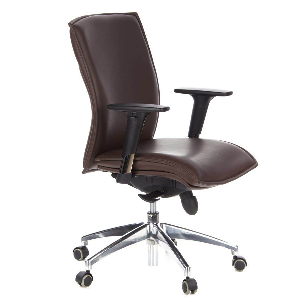 Donkerbruine Luxe directiestoel MURANO 10 met armleuningen en vijfpoot met wielen van hjh OFFICE – 360-gradenweergave (schuin vooraanzicht 60°)