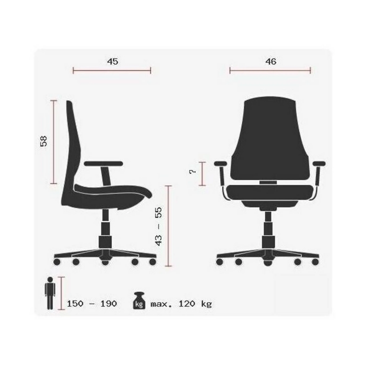 Technische Zeichnung des Profi-Bürostuhls WELLPOINT 30 K2 mit einer maximalen Belastbarkeit von 120 kg von Topstar