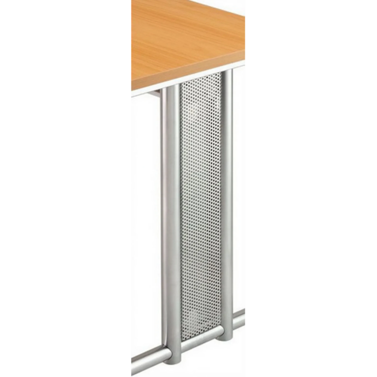 Zilveren zijpaneel NANO NSSB van geperforeerd metaal met een houtkleurig tafelblad van hjh OFFICE PRO