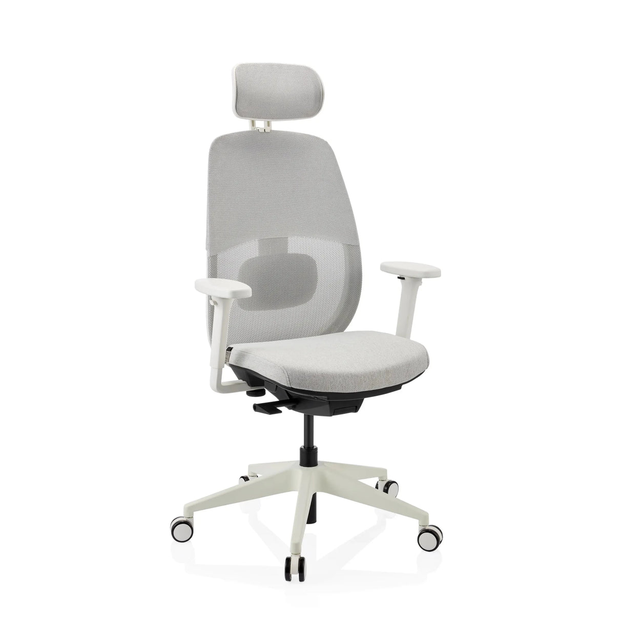 Professionele bureaustoel Skandis Pro in grijs met wit frame en hoofdsteun van hjh OFFICE