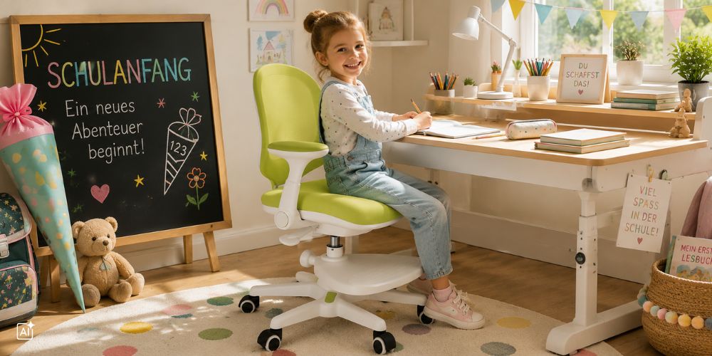 Ein Kind sitzt auf einem Kinderschreibtischstuhl