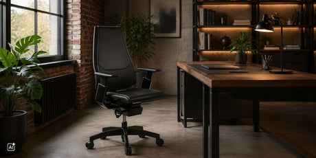 Ein schwarzer Chefsessel aus Leder steht in einem modernen Büro im Industrial-Stil