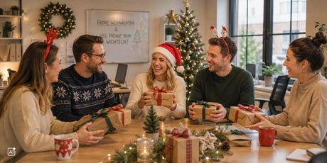 Bürokollegen wichteln gemeinsam im Büro und lachen