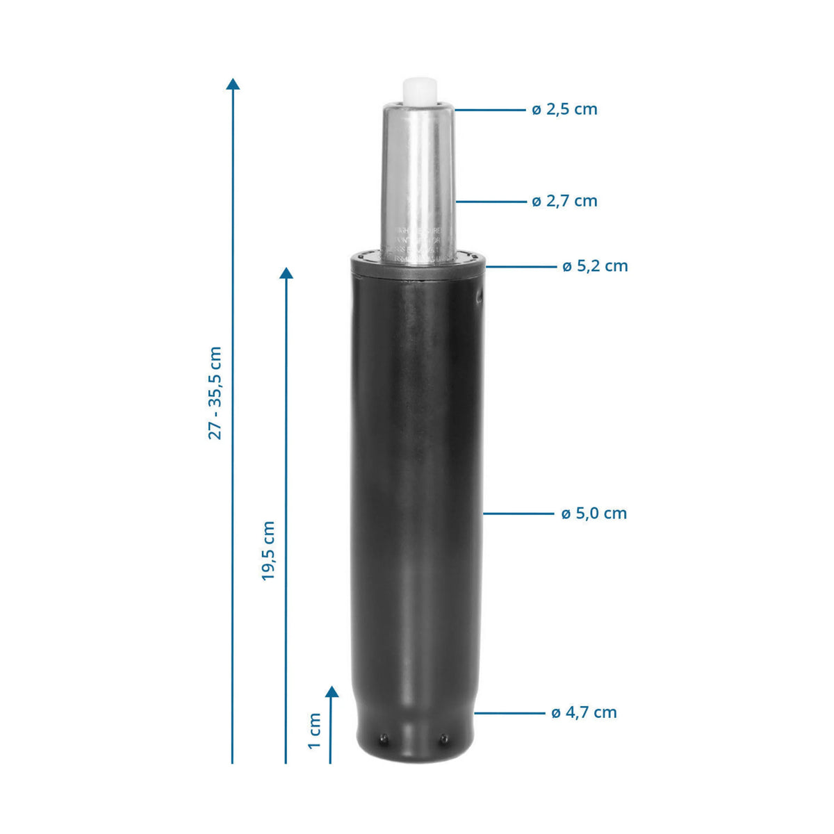 Maattekening van de Gasveer GF-M met een totale hoogte van 27 tot 35,5 cm van hjh OFFICE