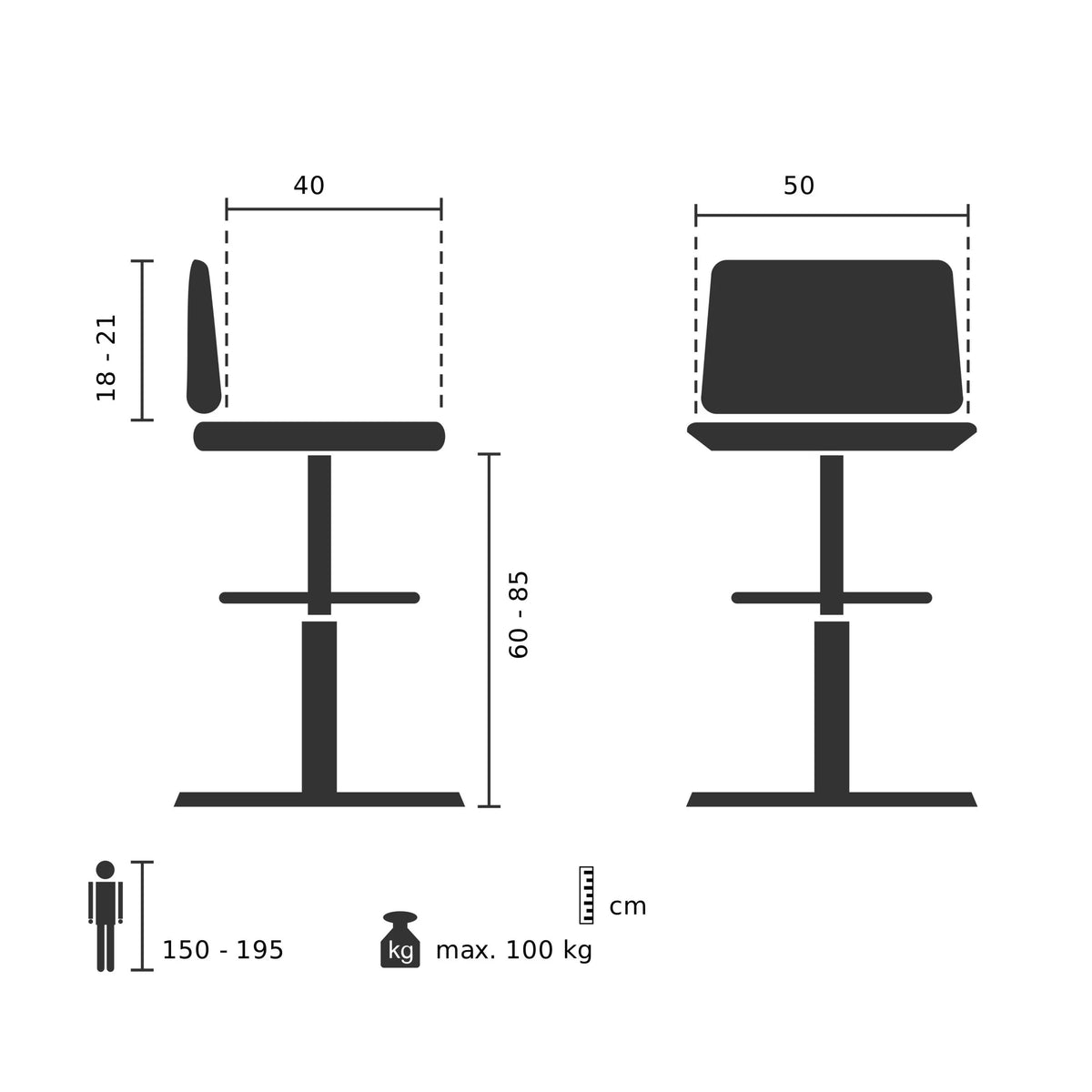 Technische Zeichnung des Counterstuhls WORK MF mit einer Sitzhöhe von 60 bis 85 cm von hjh OFFICE