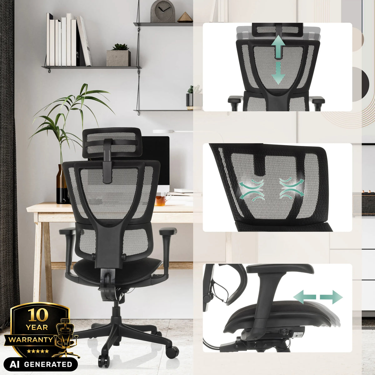 Verstelbare functies van de luxe directiestoel ERGOHUMAN SLIM ECO F GEN2 in zwart van hjh OFFICE (AI-gegenereerde afbeelding)