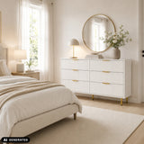 Weißes Sideboard HJELLE mit sechs Schubladen, goldenen Griffen und Beinen von hjh LIVING