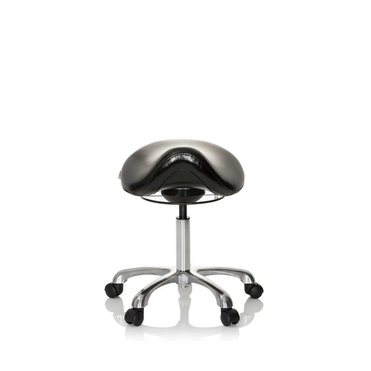 Zwarte Zadelkruk ORTHO SIT met voetkruis en vijf zwenkwielen van hjh OFFICE – 360-gradenweergave (vooraanzicht 0°)