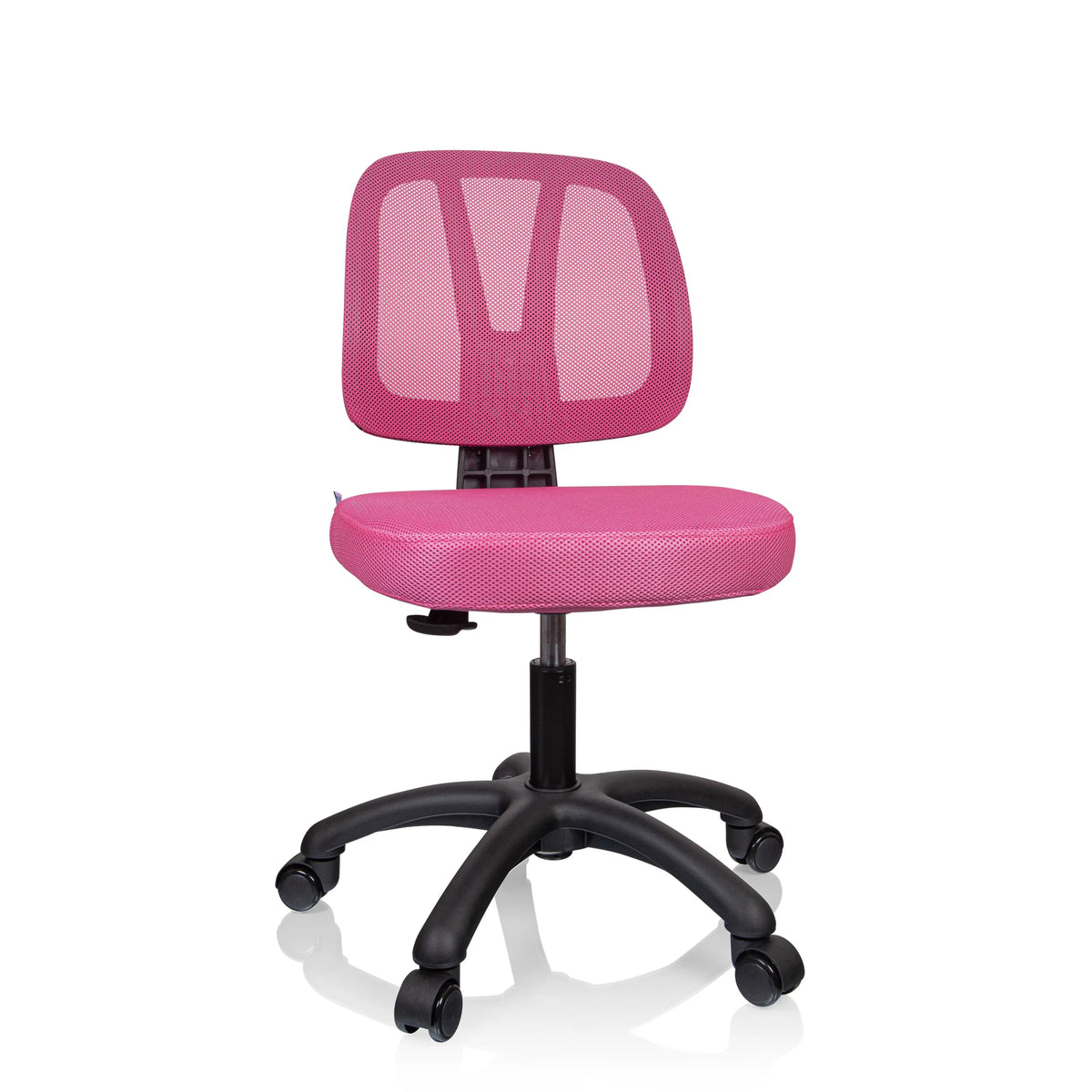Roze Kinder bureaustoel KID YU 200 met netrugleuning en zwart vijfpootkruis met wieltjes van hjh OFFICE – 360-gradenweergave (vooraanzicht 15°)