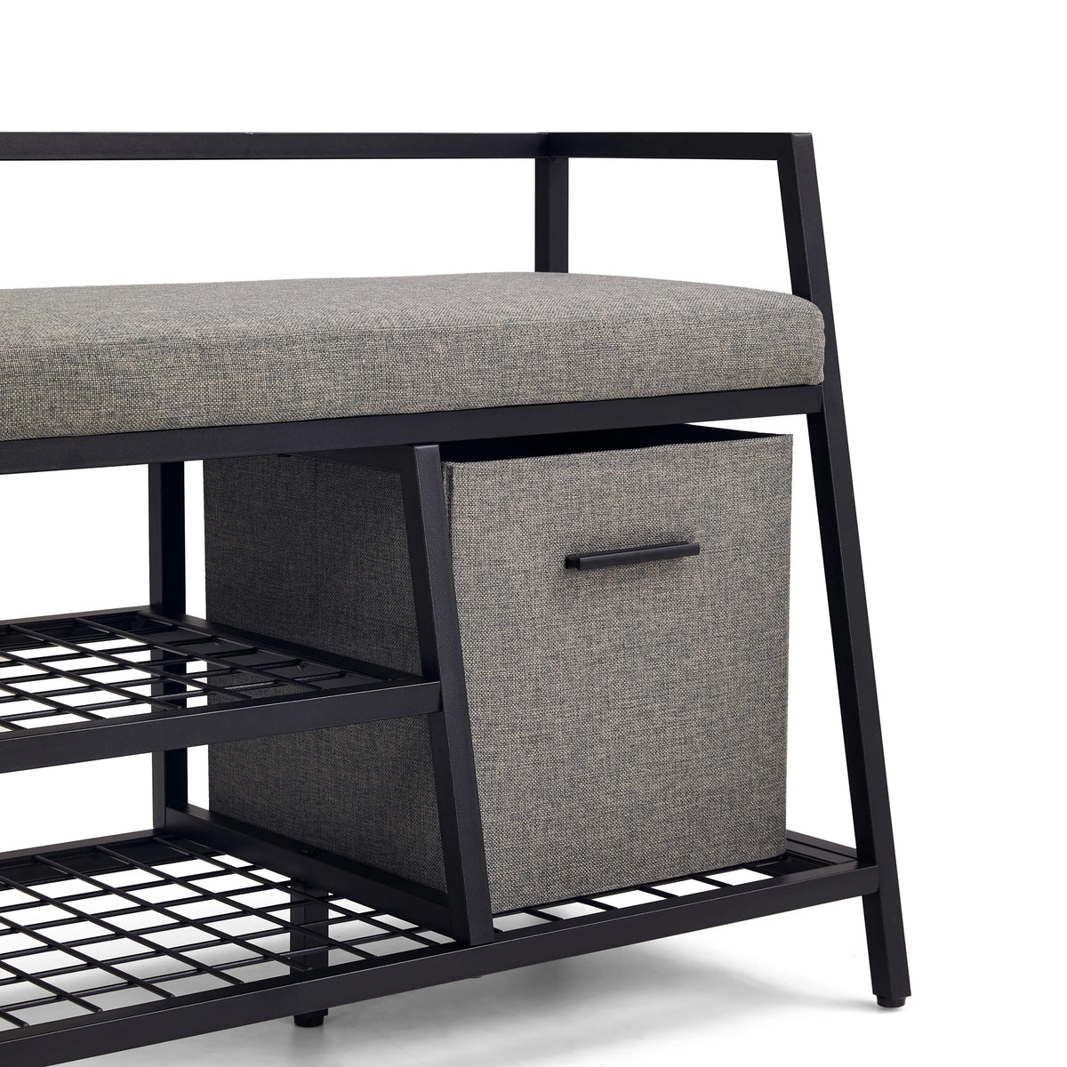 Grijze opbergmand en roosterplanken van de Estha Loft schoenenkast met zwart metalen frame van hjh LIVING