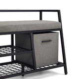 Grijze opbergmand en roosterplanken van de Estha Loft schoenenkast met zwart metalen frame van hjh LIVING