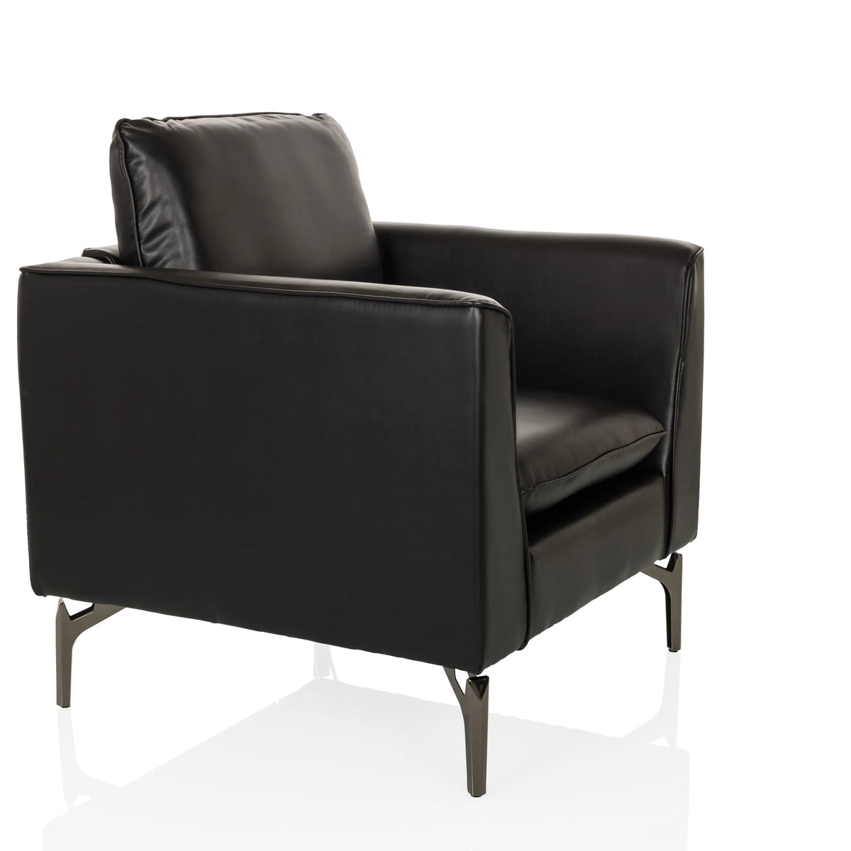 Zwarte Lounge stoel BAVERO met kunstlederen bekleding en metalen poten van hjh OFFICE – 360-gradenweergave (schuin vooraanzicht 60°)