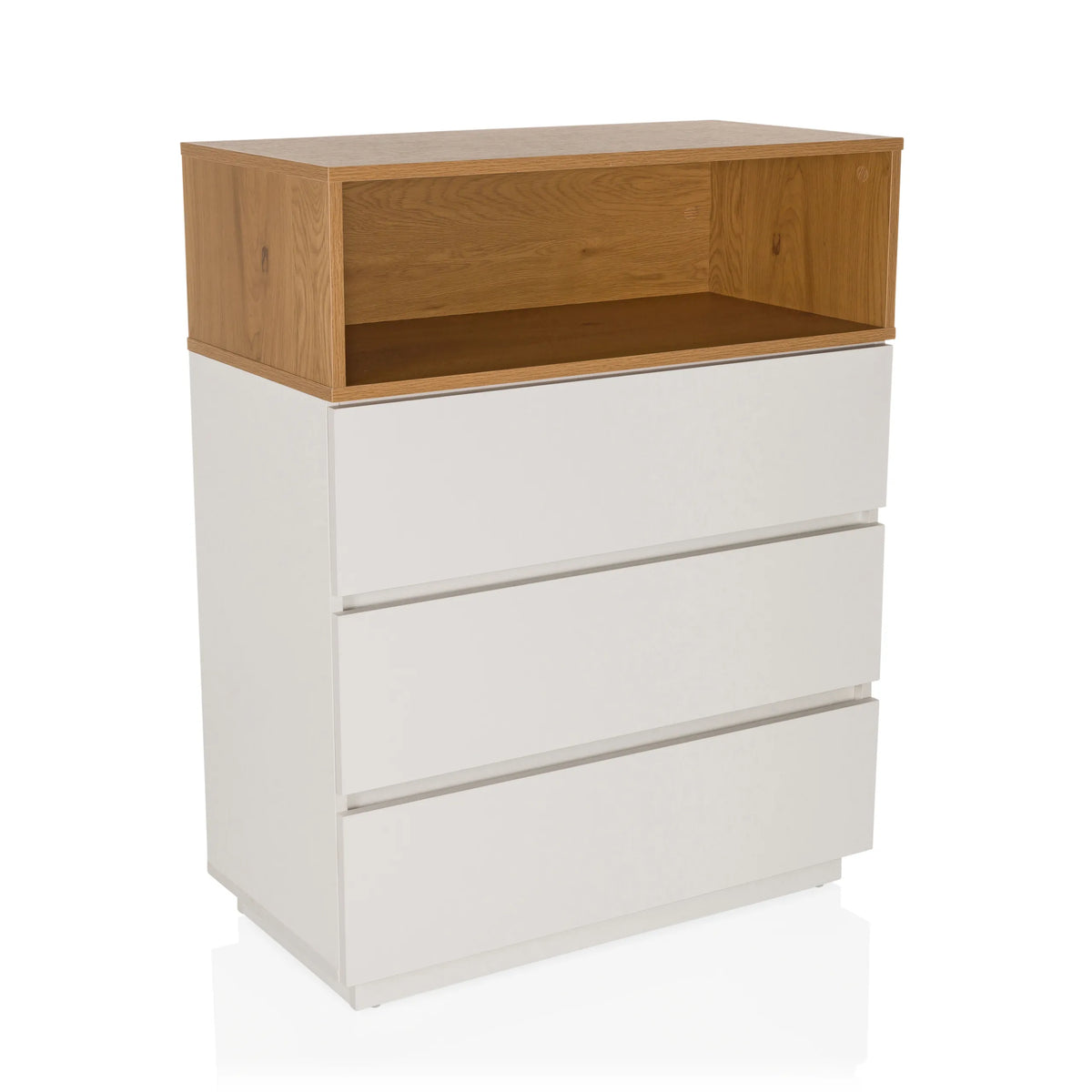 Witte commode MELMO K met drie laden en een open opbergvak in eikenlook van hjh LIVING – 360-gradenweergave (schuin vooraanzicht 30°)