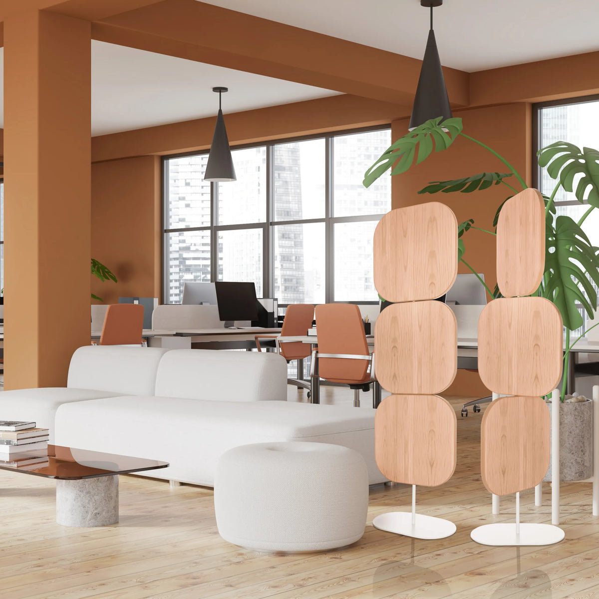Beige FLEXMIUT W scheidingswanden in houtoptiek met afgeronde elementen op witte standvoeten van hjh OFFICE