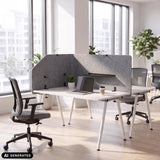 Grijze tafelverdeler FLEXMIUT T TOP van 160 cm lengte op een wit bureau van hjh OFFICE (AI-gegenereerde afbeelding)