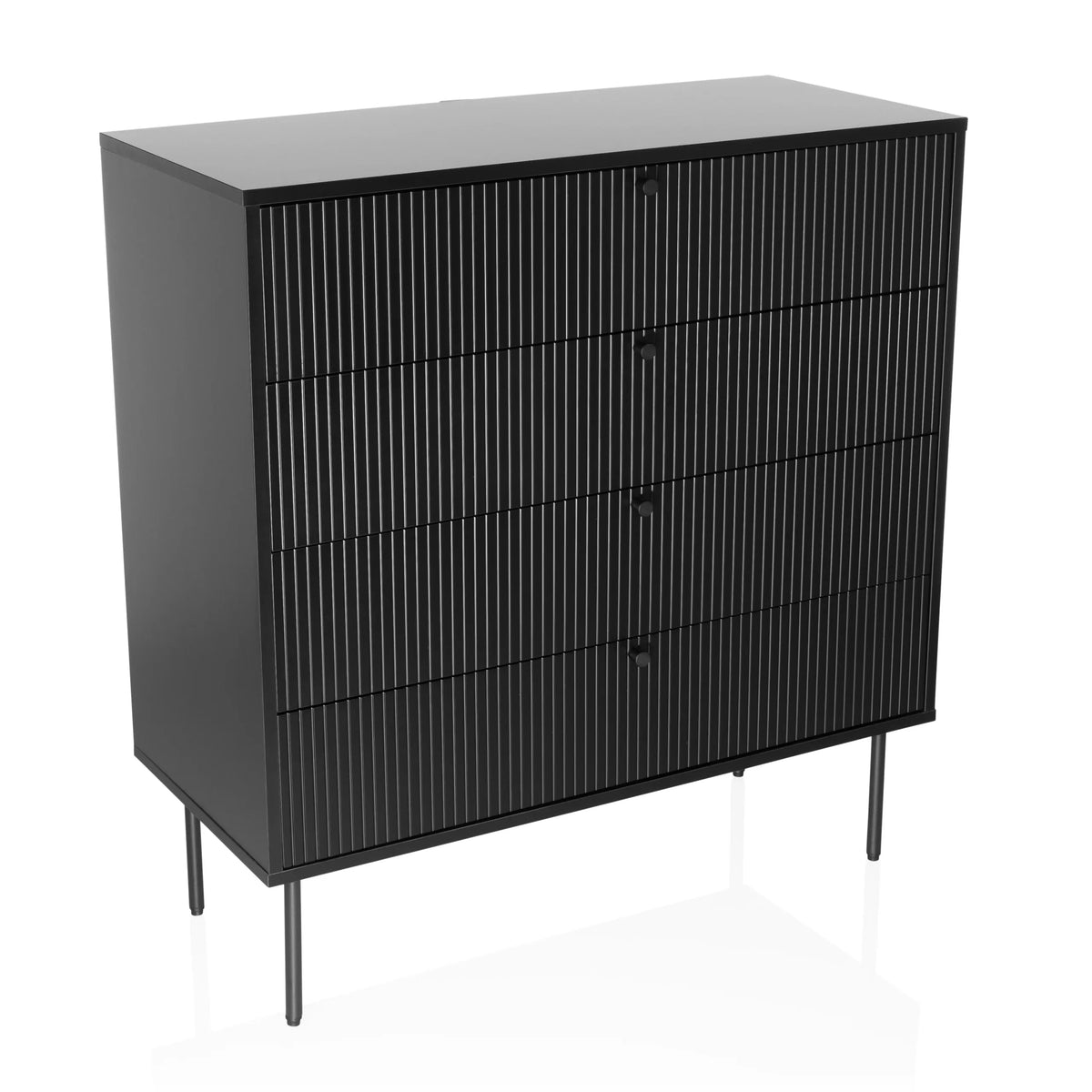 Zwarte Commode KARBY K met vier geribbelde lades en slanke poten van hjh LIVING – 360-gradenweergave (schuin vooraanzicht 30°)
