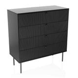 Zwarte Commode KARBY K met vier geribbelde lades en slanke poten van hjh LIVING – 360-gradenweergave (schuin vooraanzicht 30°)