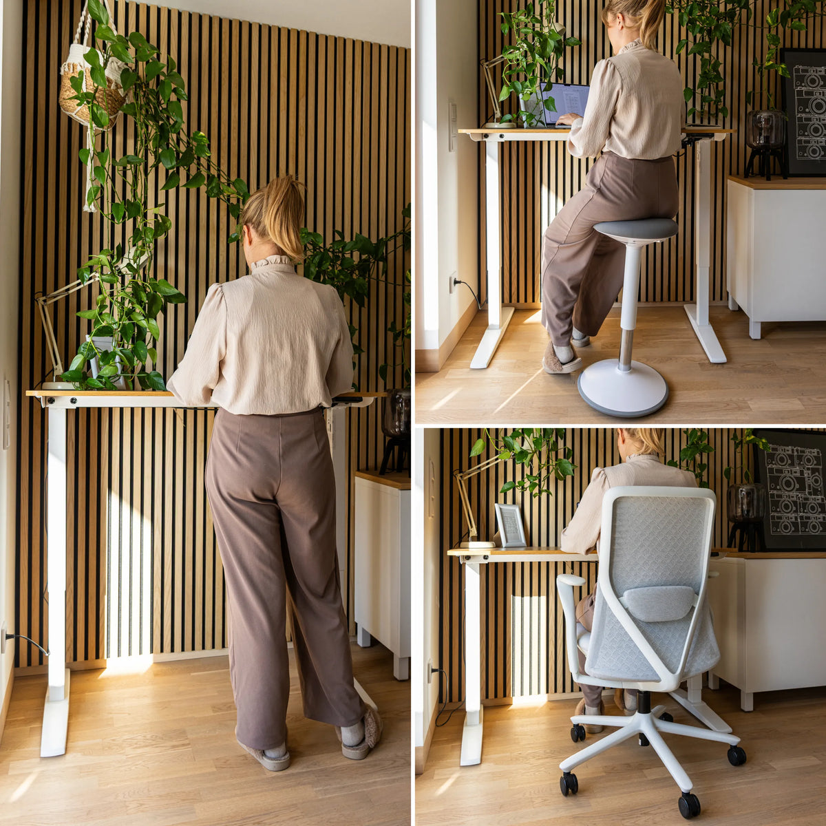Elektrisch in hoogte verstelbaar bureau STAND BASIC in wit en eiken in verschillende hoogtes van hjh OFFICE
