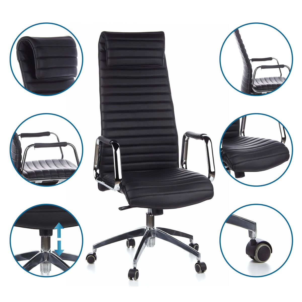 Luxe directiestoel ASPERA 20 in zwart met detailopnamen van de bekleding en zwenkwielen van hjh OFFICE