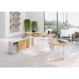 Elektrisch höhenverstellbarer Schreibtisch XBHM 19 GC in Asteiche mit Sideboard und Rundtisch von hjh OFFICE PRO