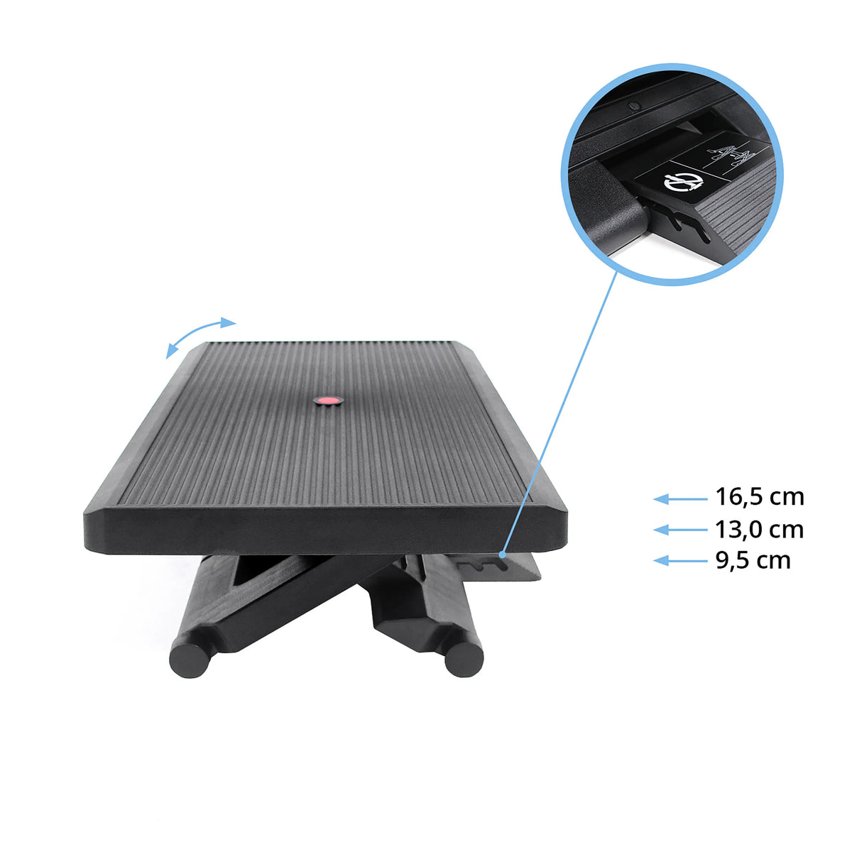 Hoogteverstelbare Voetensteun PIEDINO STRIPE PRO in zwart met maten van 9,5 cm, 13,0 cm en 16,5 cm van hjh OFFICE